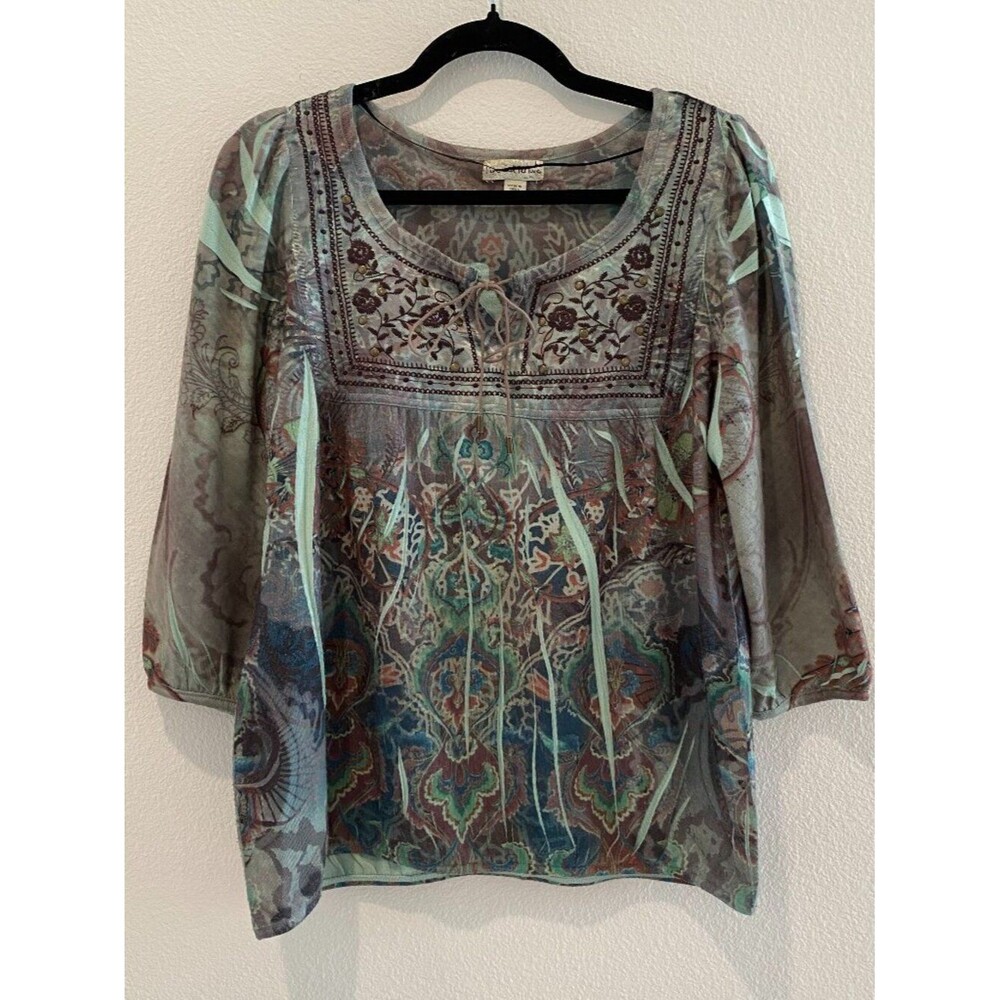 Live and Let Live by One World Embroidered Beaded Peasant Blouse Boho Knit Top L